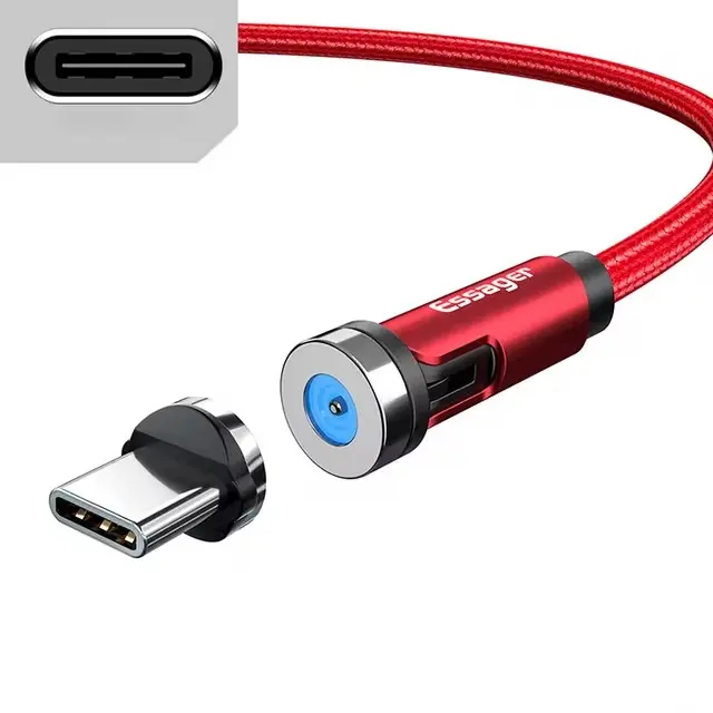 كابل مغناطيسي دوار USB 540 للشحن السريع شاحن مايكرو يو اس بي نوع سي سلك موبايل متوافق مع IOS واندرويد أحمر