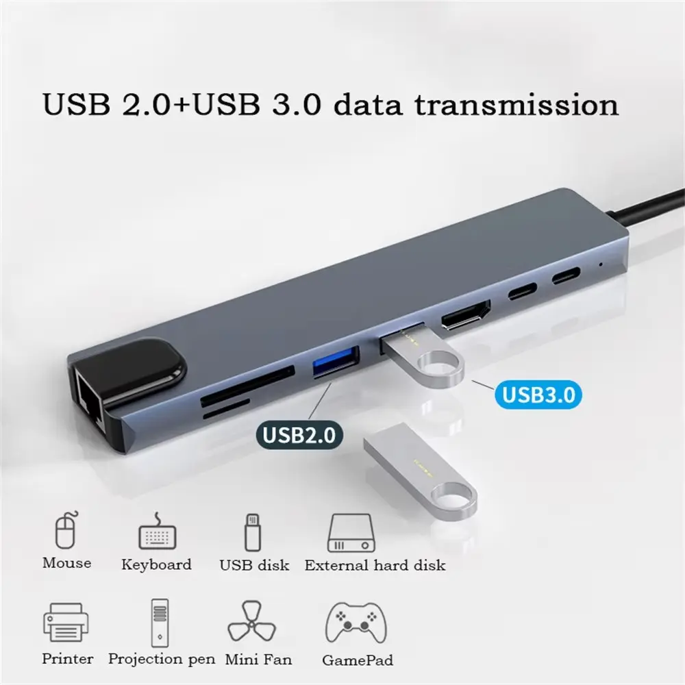 موزع USB C مع قارئ بطاقات اس دي - تي اف ار جيه 45 8 في 1 نوع سي 3.1 الى 4 كيه اتش شحن سريع بي متوافق ماك بوك ونوت واللابتوب والكمبيوتر